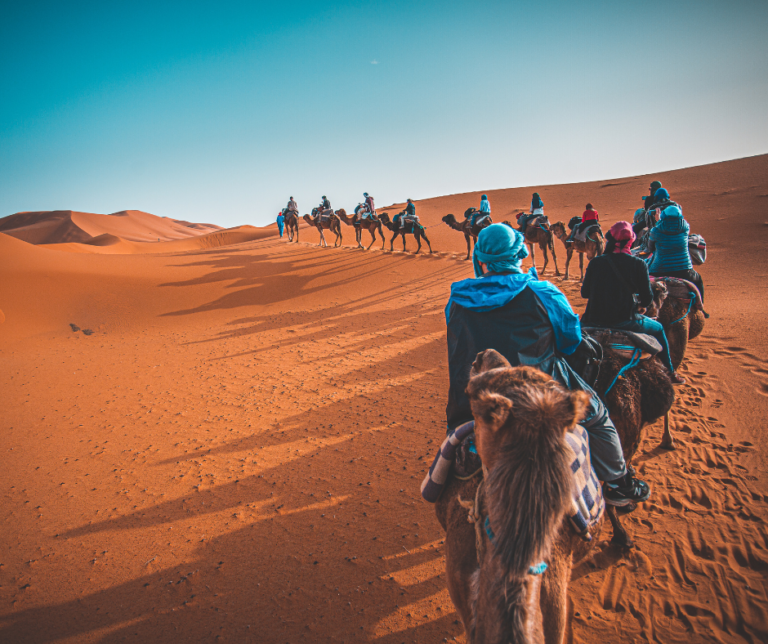 Capital Letters in English - people riding camels in the Sahara Desert