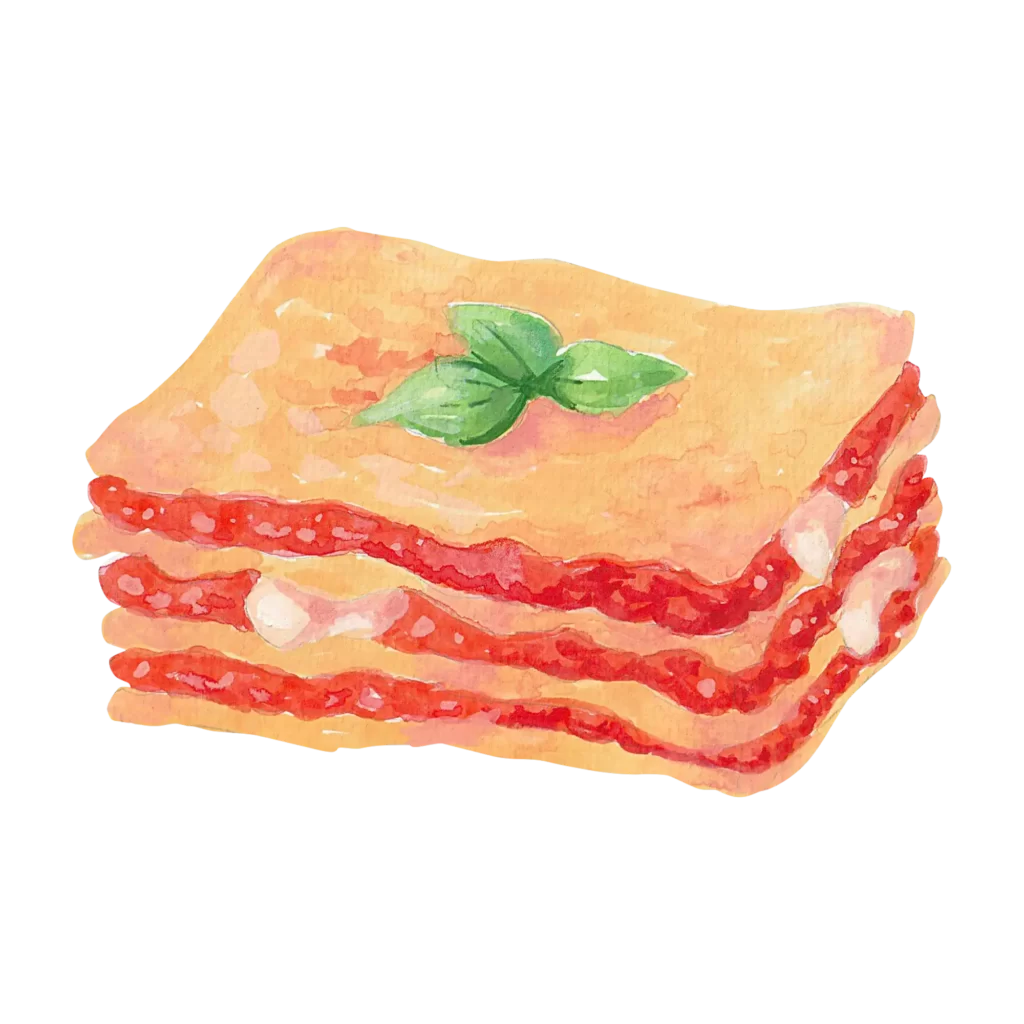 8 adjectives of Origin - a water color drawing of Italian lasagne